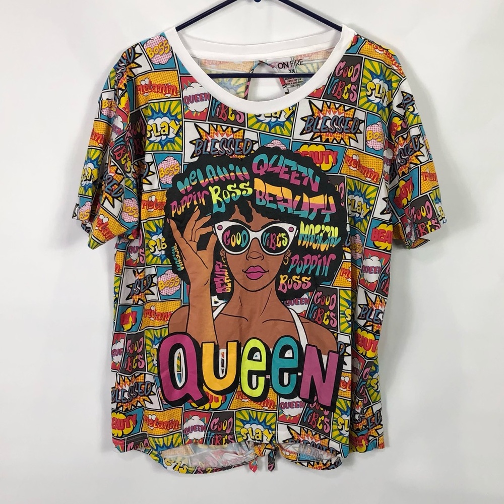 On fire graphic queen cartoon open back tee T-shirt juniors size 2X